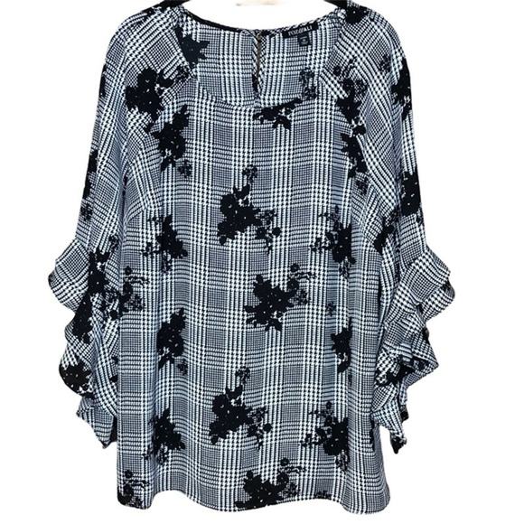 Roz & Ali 1x Black & White plus floral semi-sheer flutter sleeve Women plus size - Picture 2 of 7
